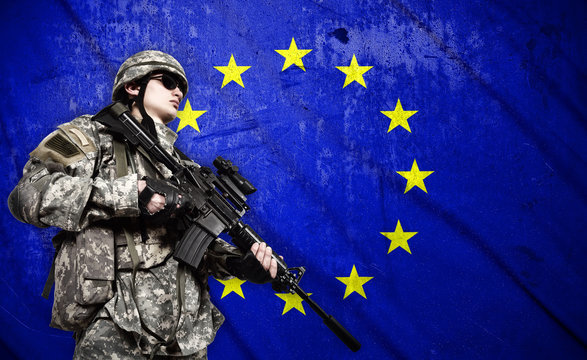 soldier on European Union flag background