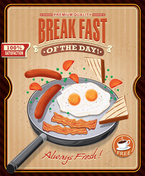 Vintage breakgast poster design with bacon, eggs sausage on pan