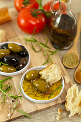 Italian food appetizer bread and olive oil. Selective focus.