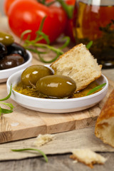 Italian food appetizer bread and olive oil. Selective focus.