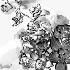 Floral grunge background with orchids in grey watercolor style