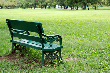 Public Bench in the park on green field