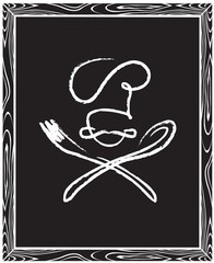 black illustration of billboard with spoon, fork and chef