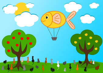 The fish hot air balloon and the hungry cats