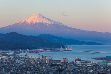 Mountain Fuji and Shimizu city in winter season .