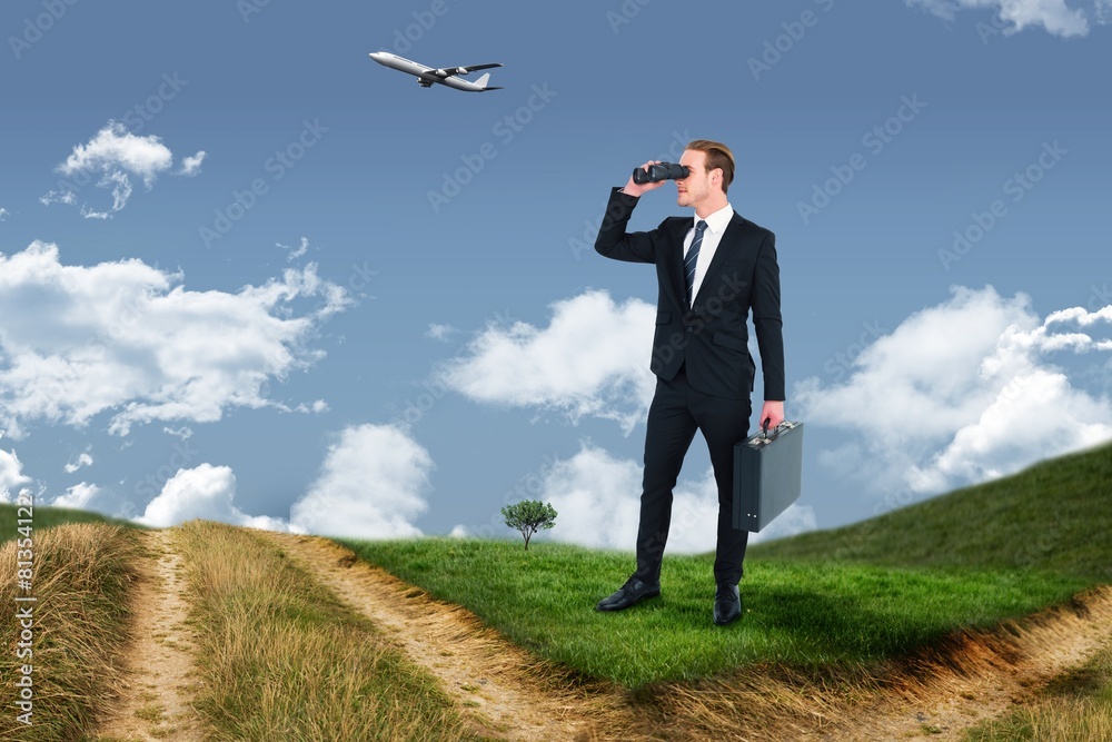 Poster composite image of businessman looking through binoculars