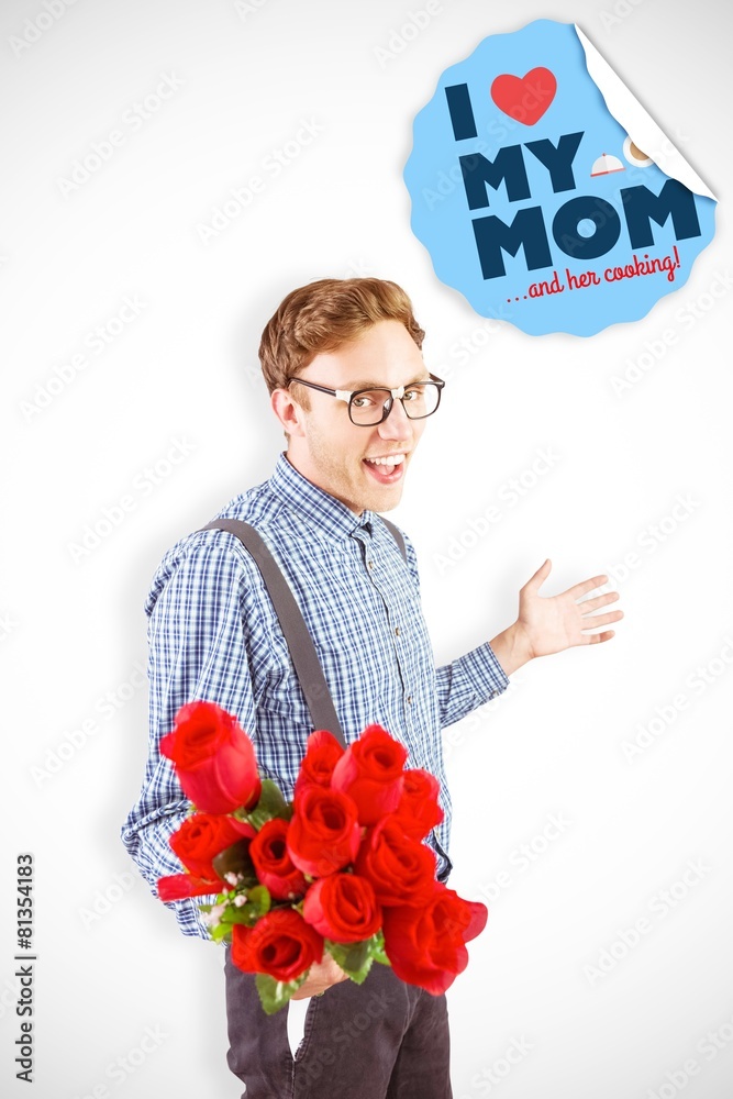 Poster composite image of geeky hipster holding a bunch of roses