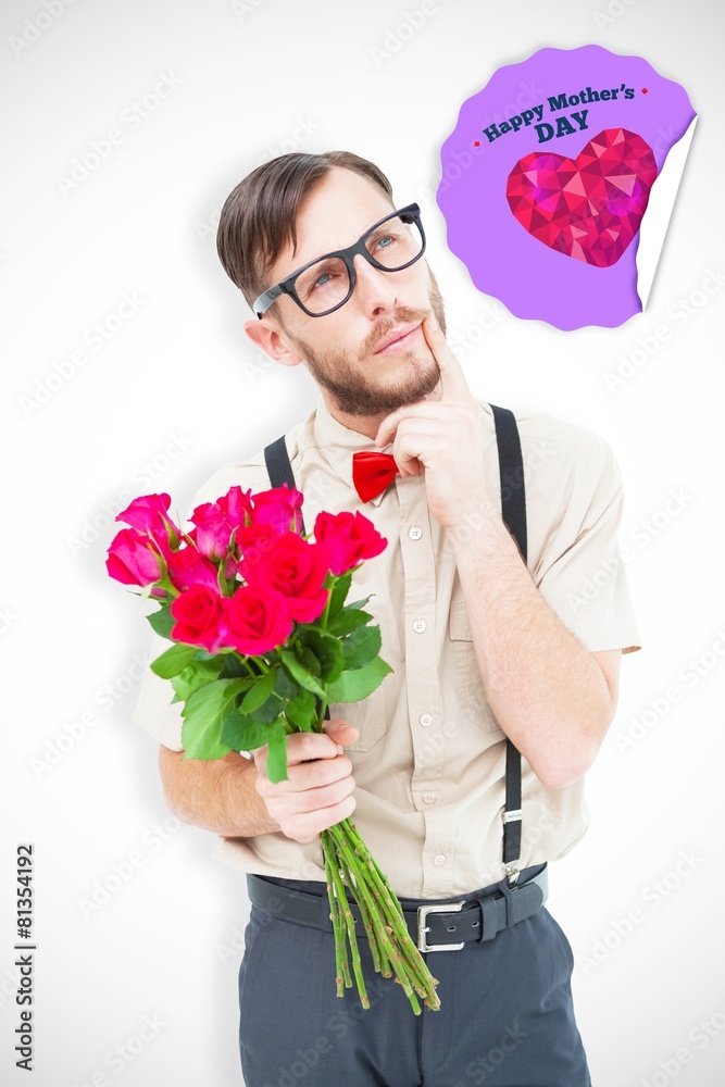 Poster composite image of geeky hipster offering bunch of roses