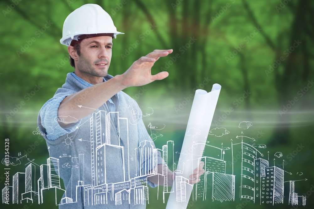Poster Composite image of architect with blueprint