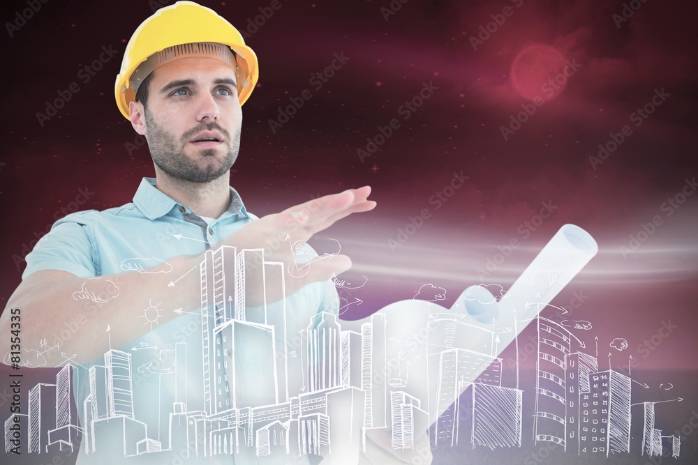 Poster architect with blueprint gesturing