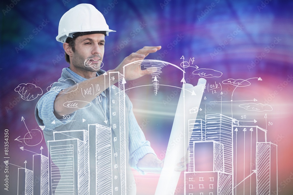 Poster Composite image of architect with blueprint