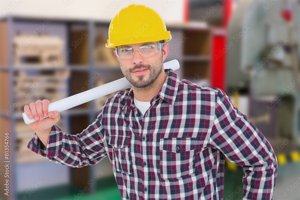 Poster composite image of handyman holding rolled up blueprint