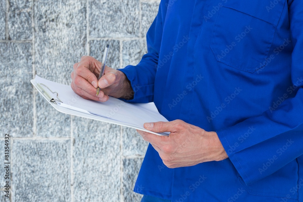 Poster Composite image of mechanic writing notes on clipboard