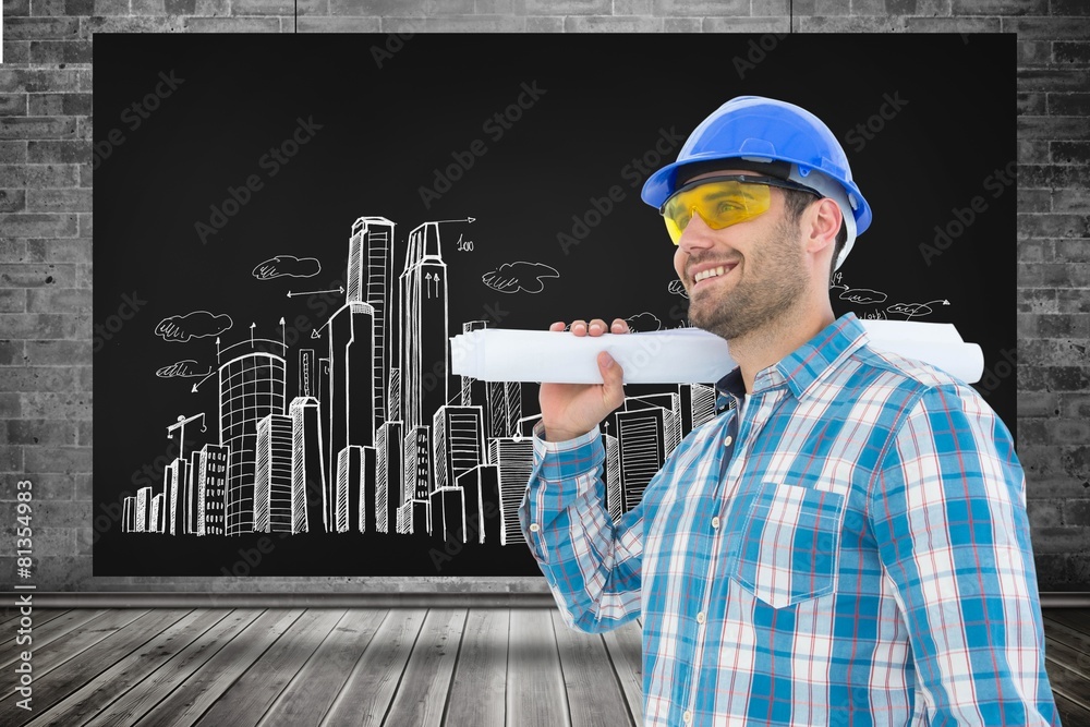 Poster Composite image of smiling architect looking away