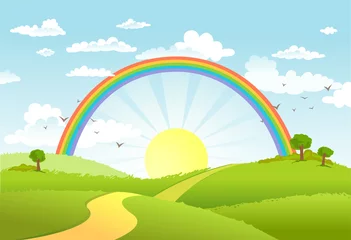 Foto op Canvas Vector illustration of beautiful landscape with rainbow. © azzzya