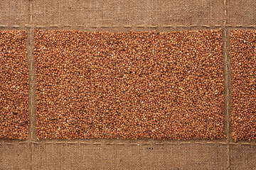 Buckwheat  grains on sackcloth, with place for your text
