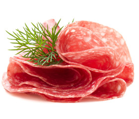 Salami sausage slices isolated on white background cutout