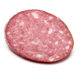 Smoked sausage salami slice isolated on white background cutout