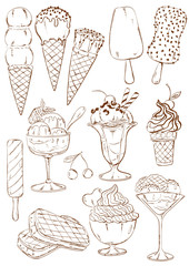 Set of isolated sketch ice cream icons.
