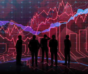 An abstract Forex graph room in red with people siluet