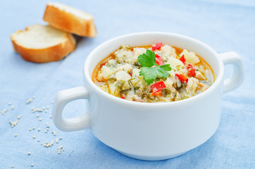 milk soup with potatoes, quinoa and peppers