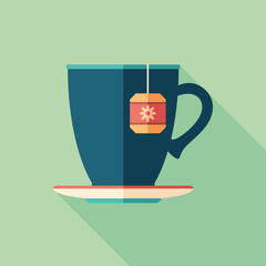 Cup of herbal tea flat square icon with long shadows.