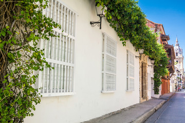 Fototapeta na wymiar Hermosas fachadas de las casas coloniales y calles de la ciudad amurallada de Cartagena de Indias en Colombia. Calle en Cartagena de Indias