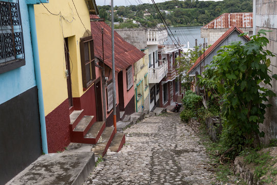 steep cobblestone street in flores guatemala