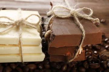 Stack of tied chocolate with coffee beans