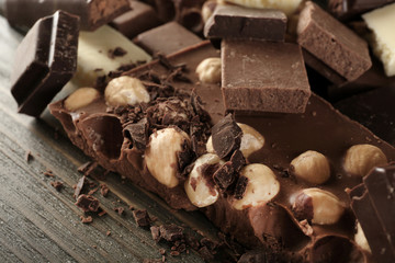 Set of chocolate with hazelnut, closeup