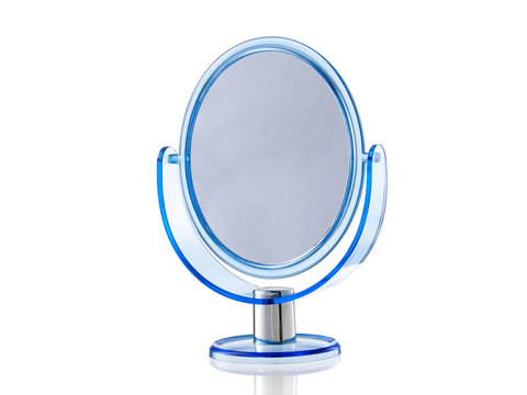 Blue oval stand mirror isolated on white background