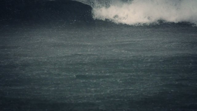slow motion view of heavy rain dropping on the ocean waves
