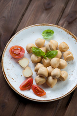 Mini provoleta with basil and tomato on a plate, studio shot