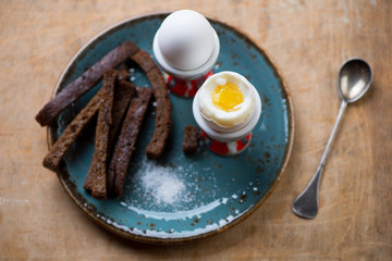 Traditional breakfast eggs with toasted bread, studio shot