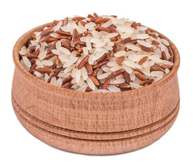 Mixed red and white rice in a wooden bowl isolated on white back