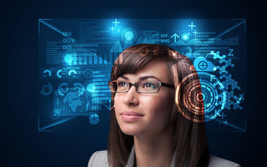 Young woman looking with futuristic smart high tech glasses