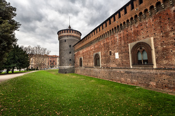 Fototapeta na wymiar The Outer Wall of Castello Sforzesco (Sforza Castle) in Milan, I