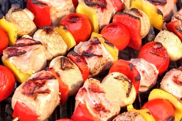 Meat And Vegetable Kebabs On The Hot BBQ Grill