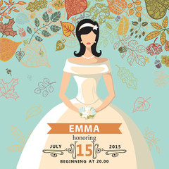 Bridal shower invitation.Bride and autumn leaves