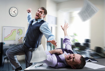 Businessmen fighting in the office - obrazy, fototapety, plakaty