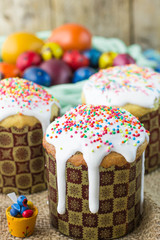Easter  Easter cakes and painted eggs in a rustic style