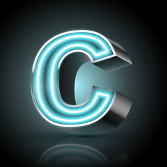 3d blue neon light letter C