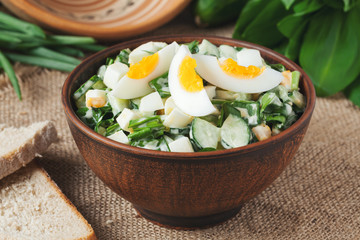Green spring salad with chopped garlic and ramson served in