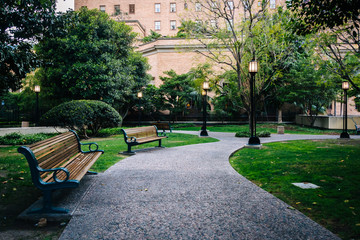 Bench and walkway at Maguire Gardens, in downtown Los Angeles, C
