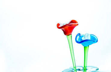 Flower made of glass in red and blue color in vase on white back