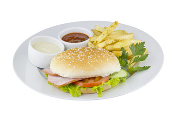 The hamburger with potato and sauce