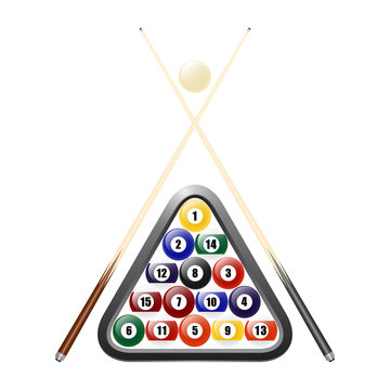 recommend clip art: Billiards balls, triangle and two cues