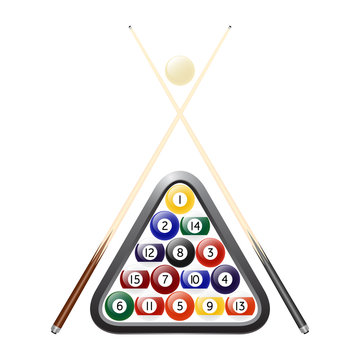 recommend clip art: Vector billiards balls, triangle and two cues