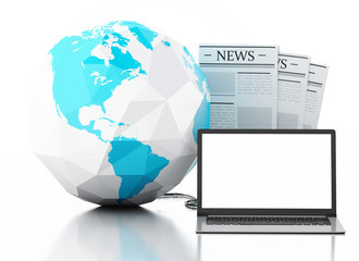 3d Laptop with news and earth globe. Media concept