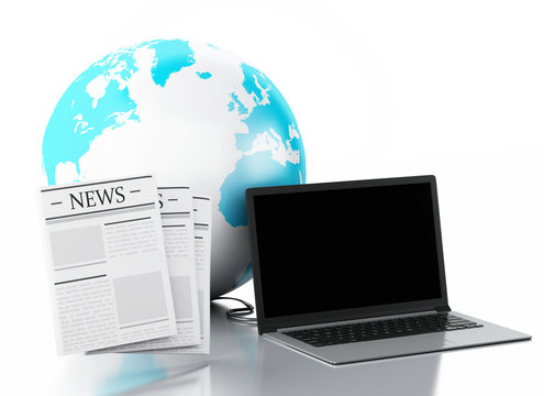 3d Laptop with news and earth globe. Media concept